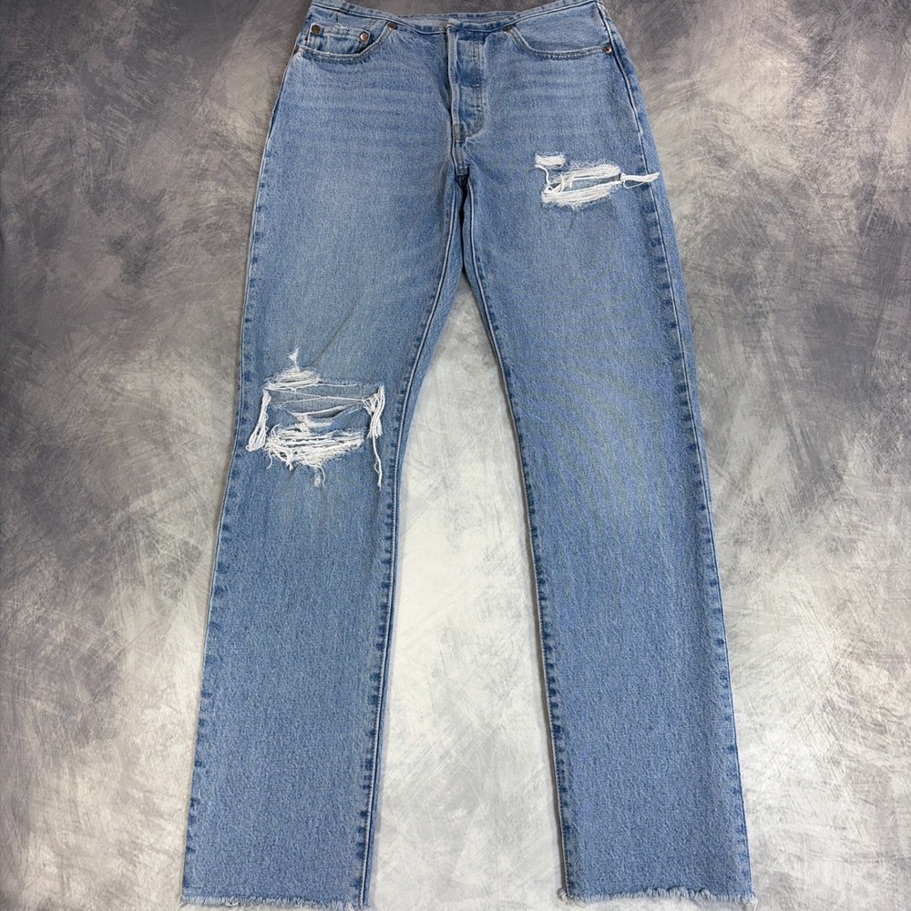 Levi's 501 Jeans Womens 28 Blue Distressed Straight Leg Raw Hem Light Wash Denim